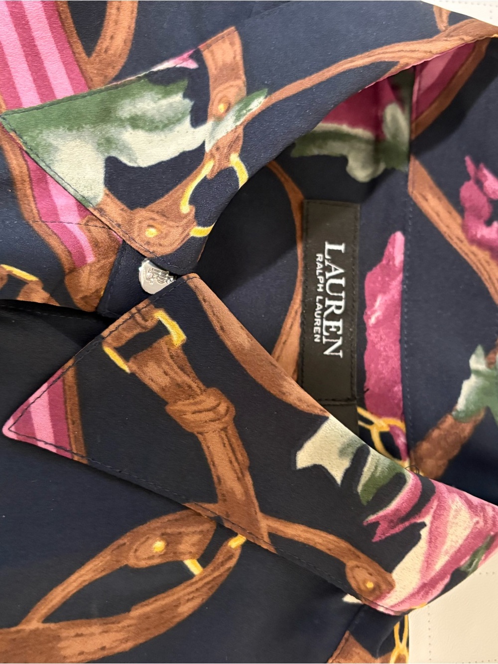 Ralph Lauren Navy Floral & Belt-and-Chain Print Blouse